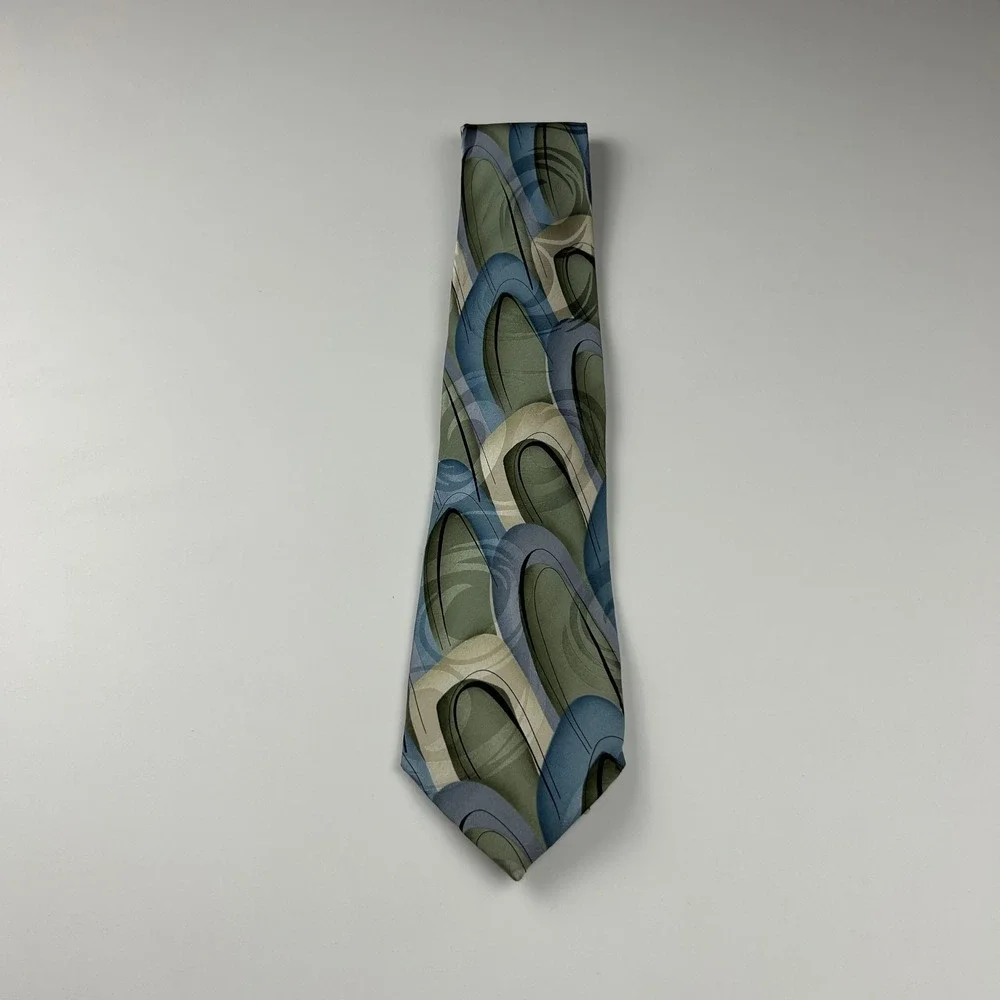 Vintage‎ 2004 J. Garcia Northern Lights Green Blue Geometric 100% Silk Tie China